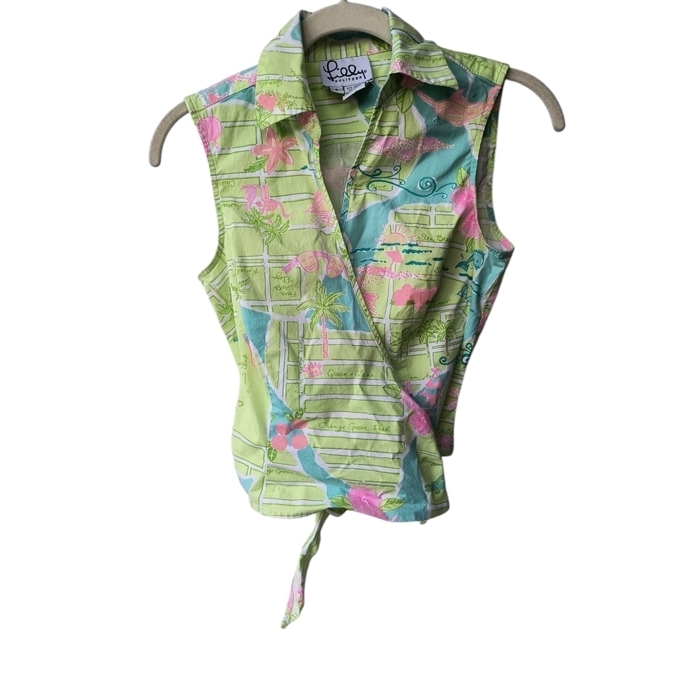 Lilly Pulitzer Green & Pink Via Palm Beach Print Sleeveless Cropped Wrap Top, 4